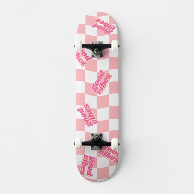 Skateboard Buenas vibraciones Girly Pastel Blanco Rosado Cheq (Anverso)