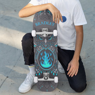 Skateboard Búho Gris Nombre Personalizado Cool Moderno Person