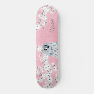 Skateboard Búho Purpurina rosa Flores de cerezo    Monograma