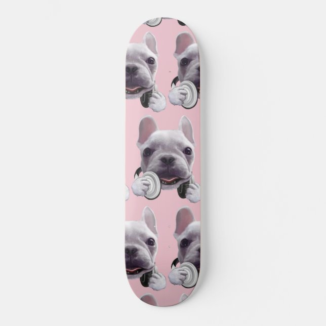 Skateboard Bulldog francés con auriculares (Anverso)