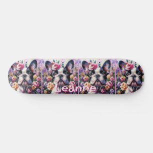 Skateboard Bulldog francés con Rosas floral personalizado