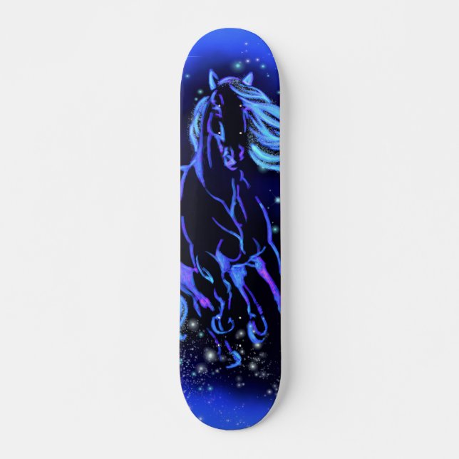 Skateboard Caballo Neon Blue Corriendo En La Noche De La Luna (Anverso )