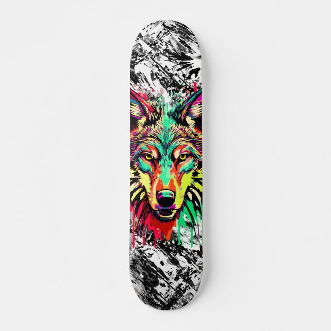 Skateboard Cabeza de lobo colorida - Cubierta de patinaje Wol (Anverso )