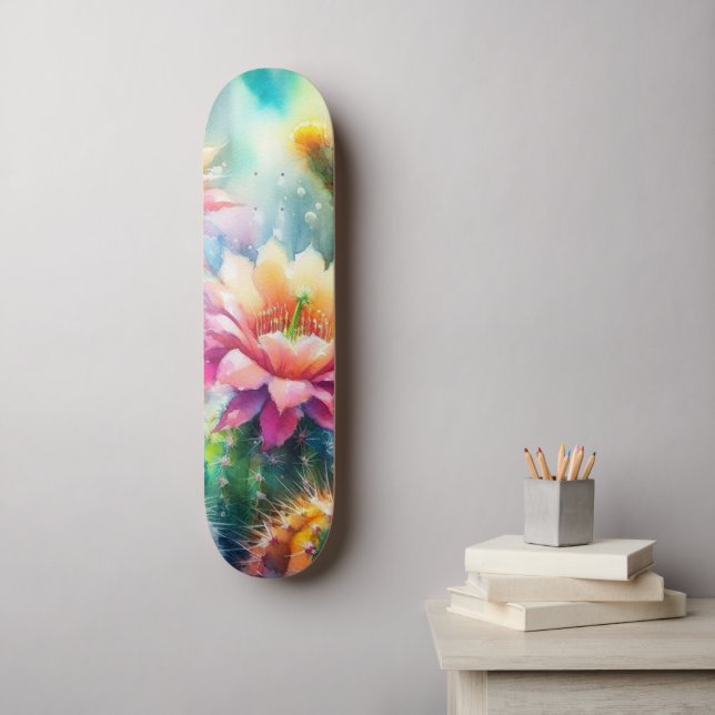 Skateboard Cacti Suculento de Flores de Agua (Arte de la pared)