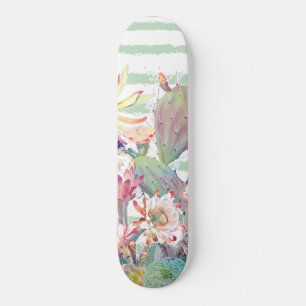 Skateboard Cactus acuarelas, diseño floral y de rayas