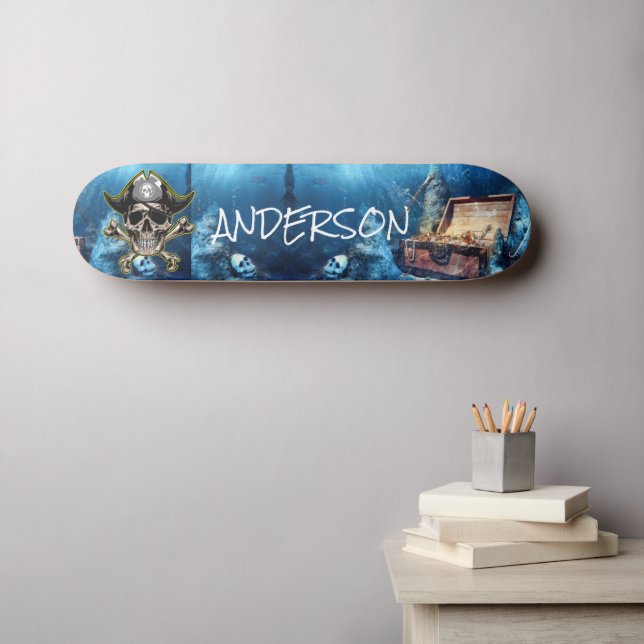 Skateboard Calavera Azul pirata y espadas cruzadas Sk persona (Arte de pared (horz))