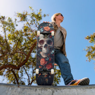 Skateboard Calavera con flores y mariposas - Naturaleza gótic