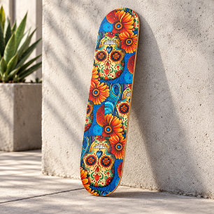 Skateboard Calavera de azúcar colorida arte popular floral es