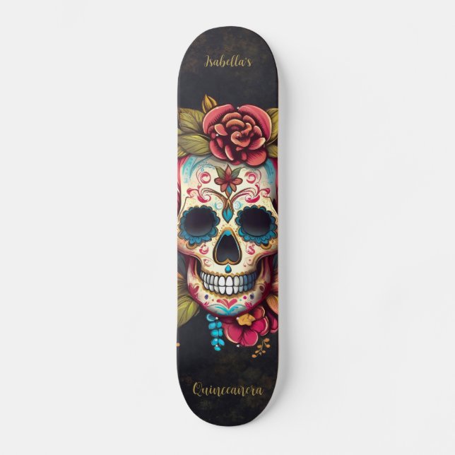 Skateboard Calavera de azúcar floral Quinceanera Cumpleaños (Anverso)