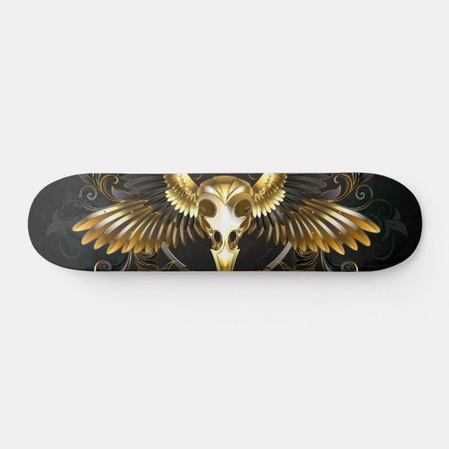 Skateboard Calavera de pájaro dorado sobre fondo negro (Horz)