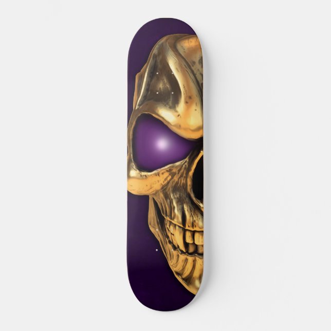 Skateboard Calavera dorada con ojos morados brillantes (Anverso)