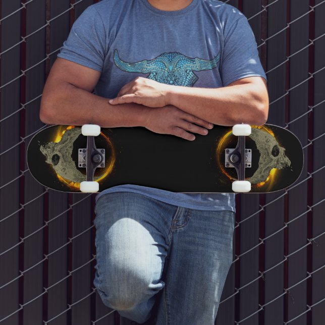 Skateboard Calavera en llamas de luna retro muerta (Exterior 3)