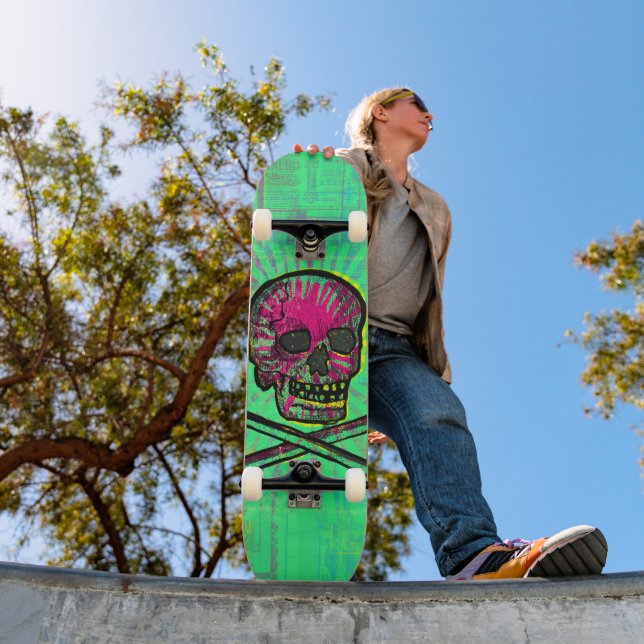 Skateboard Calavera mexicana Arte de Grunge de rayo verde (Exterior 1)