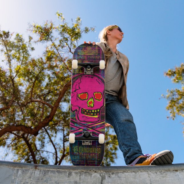 Skateboard Calavera mexicana Arte de Grunge rojo y negro (Exterior 1)