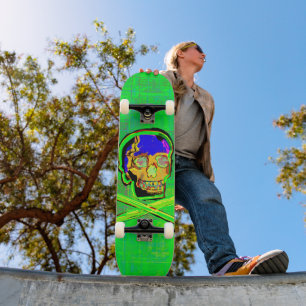 Skateboard Calavera Mexicana Verde Grieta Cráneo Arte Grunge