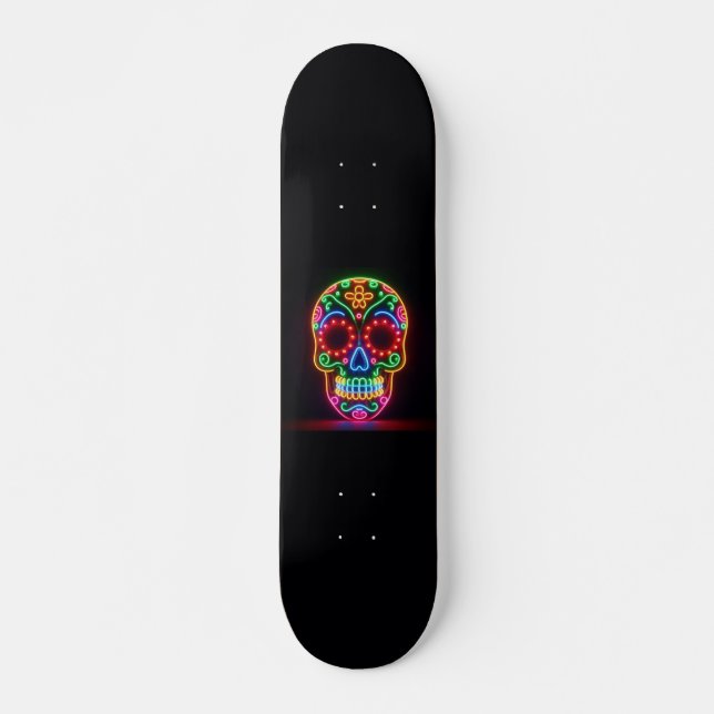 Skateboard Calavera negra de neón/día de los muertos (Anverso )