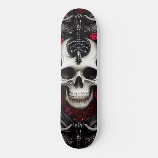 Skateboard Calavera oscura y gótica y muria de Rosas (Anverso)