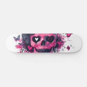 Skateboard Calavera rosa con mariposas y corazones