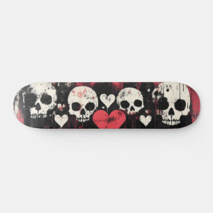 Skateboard Calavera y corazones grunge - negrita Arte rojo y 