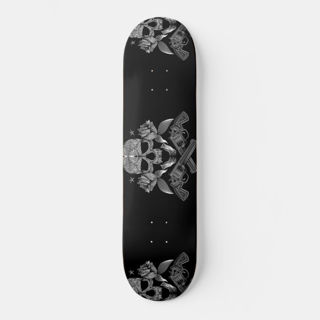 Skateboard Calavera y estrellas con Rosas y pistolas cruzadas (Anverso)