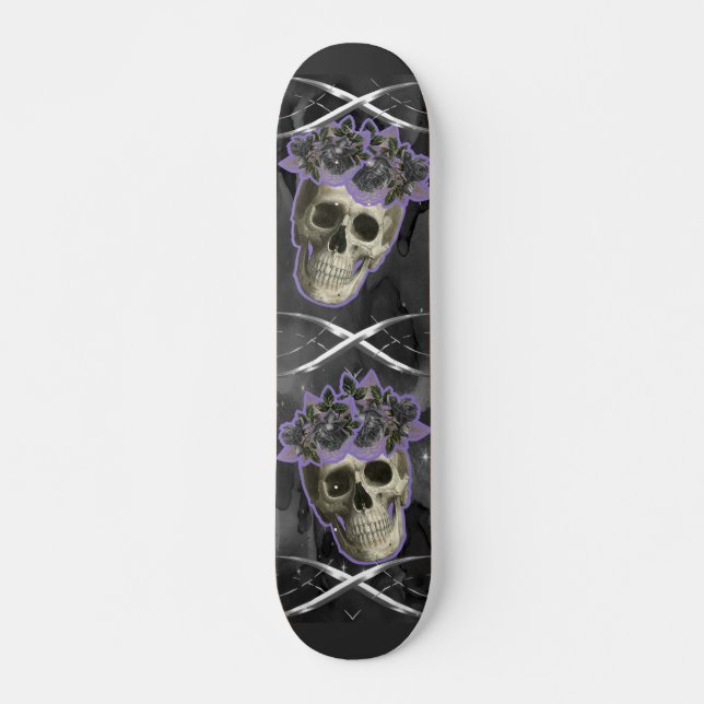 Skateboard Calaveras con detalles de plata y niebla morada (Anverso )