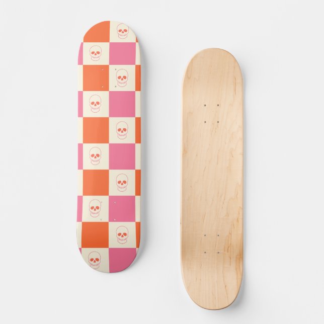 Skateboard Calaveras de tablero de ajedrez en rosa, Naranja y (Anverso)