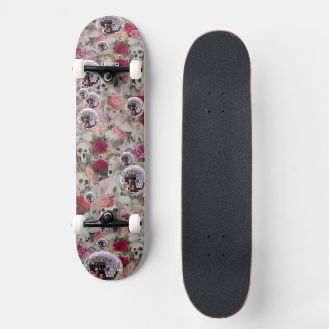 Skateboard Calaveras Rosas y Bolas de Discoteca Rosadas (Anverso)