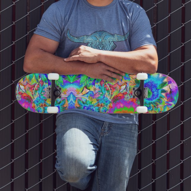 Skateboard Campo de girasol azul abstracto | flores retro (Exterior 3)