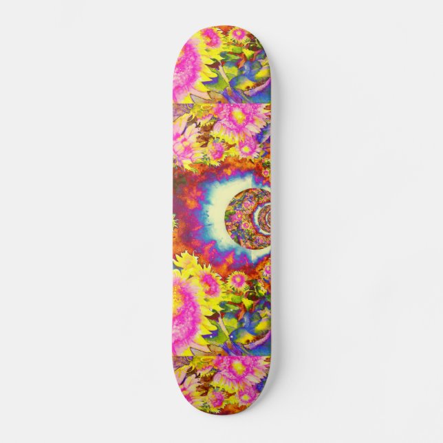Skateboard Campos de girasol solar rosa (Anverso)