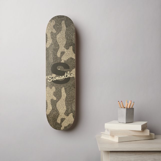 Skateboard Camuflaje Purpurina de oro Monogramado personaliza (Arte de la pared)