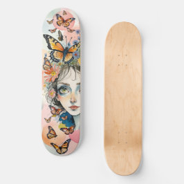 Skateboard Cara de chica con mariposas monarcas en pasteles