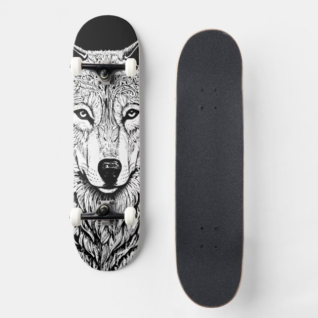 Skateboard Cara de Lobo Negro y Blanco Genial (Anverso)
