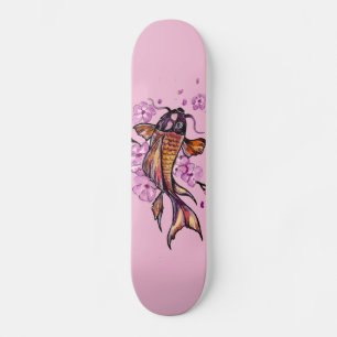 Skateboard Carpa de Koi dorada y flores rosas
