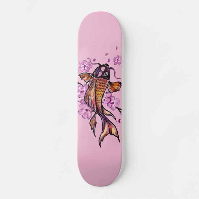 Skateboard Carpa de Koi dorada y flores rosas (Anverso)