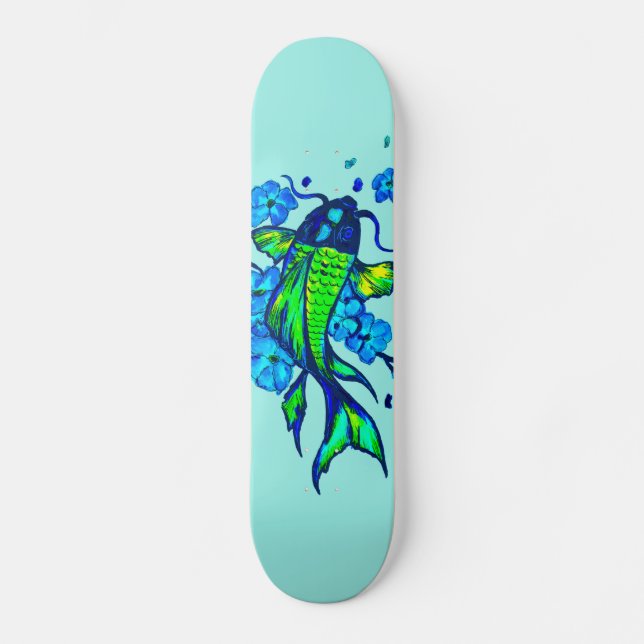 Skateboard Carpa Koi Verde Flores Azules (Anverso)
