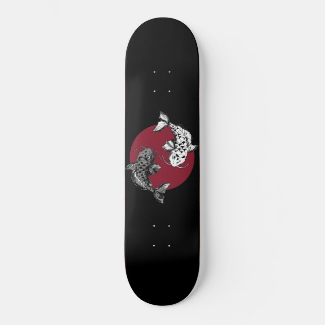 Skateboard Carpas de Koi monocromáticas en el círculo rojo (Anverso)