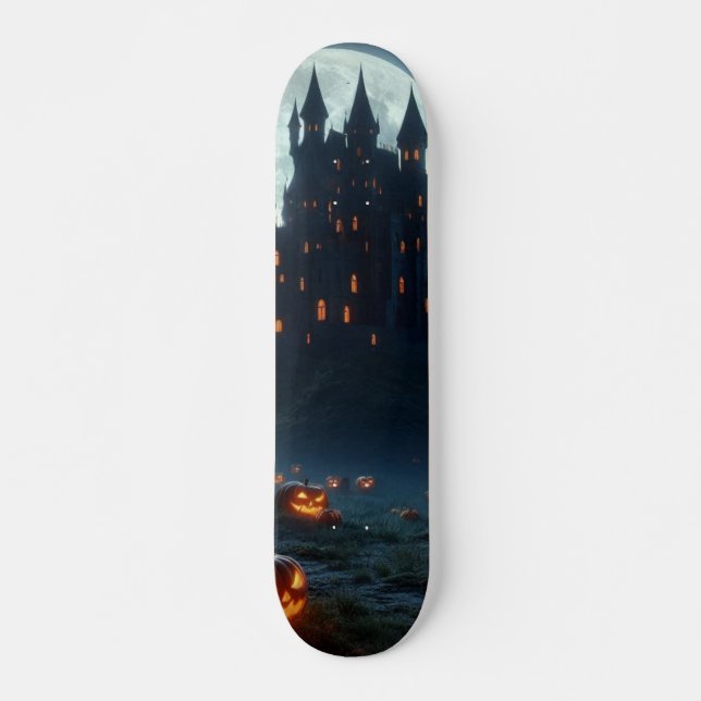 Skateboard Castillo oscuro y medieval, murciélagos y calabaza (Anverso )