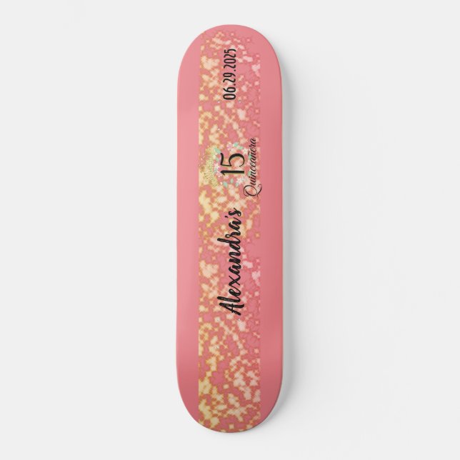 Skateboard Celebración de la Quinceanera elegante de oro Rosa (Anverso)
