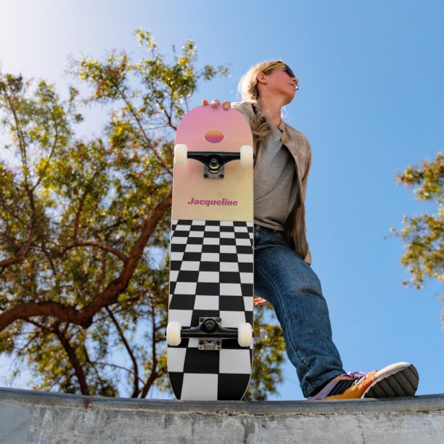 Skateboard Checkerboard de degradado de sol retro (Exterior 1)