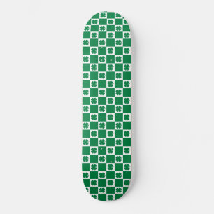 Skateboard Checkered Green and White Shamrock Clover Pattern