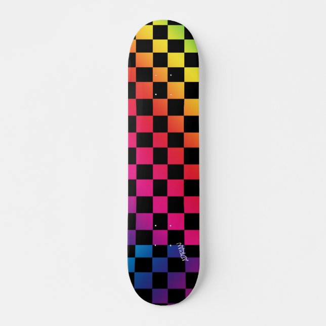 Skateboard Cheques arcoiris y negros y nombre o texto (Anverso )