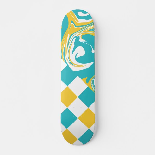 Skateboard Cheques y muelles turquesa, amarillo y blanco (Anverso )