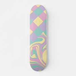 Skateboard Cheques y Swirls Pastel Rosa, Amarillo, Púrpura y