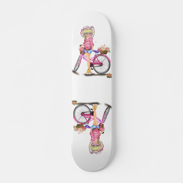 Skateboard Chica con bicicleta rosa (Anverso )