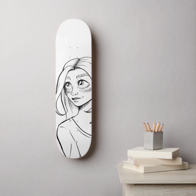 Skateboard Chica de anime lindo Ilustracion blanco negro (Arte de la pared)