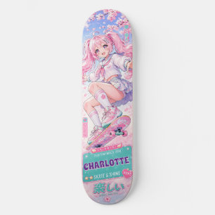 Skateboard Chica de Anime Personalizada Linda Rosa y Pastel