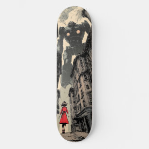 Skateboard chica de historietas "desalentado" frente a un rob