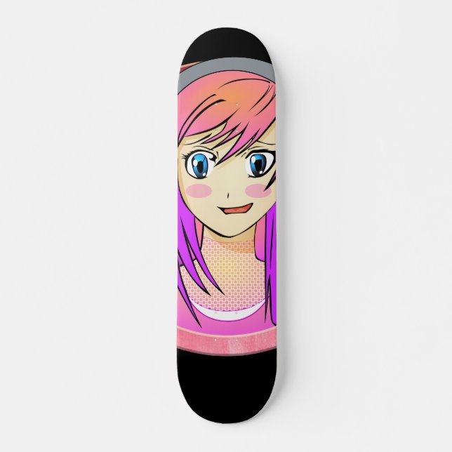 Skateboard  Chica de manga, pelo rosa, ojos azules, marco rui (Anverso )