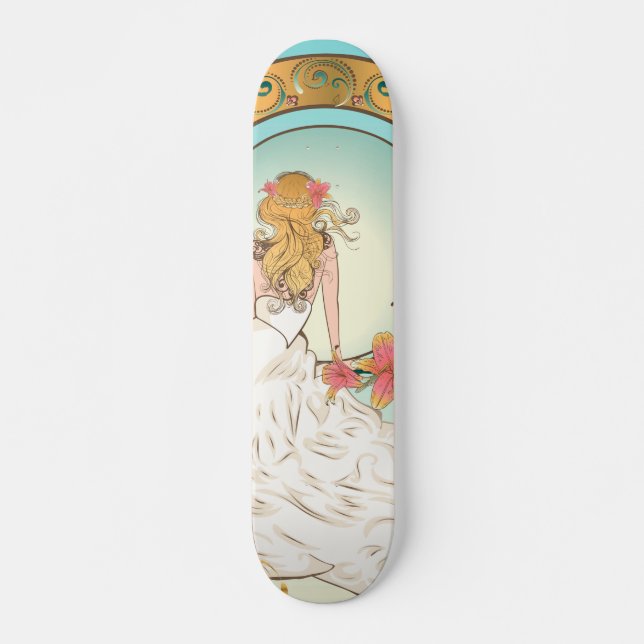 Skateboard Chica de vestido blanco con flores de lirio rosa (Anverso )