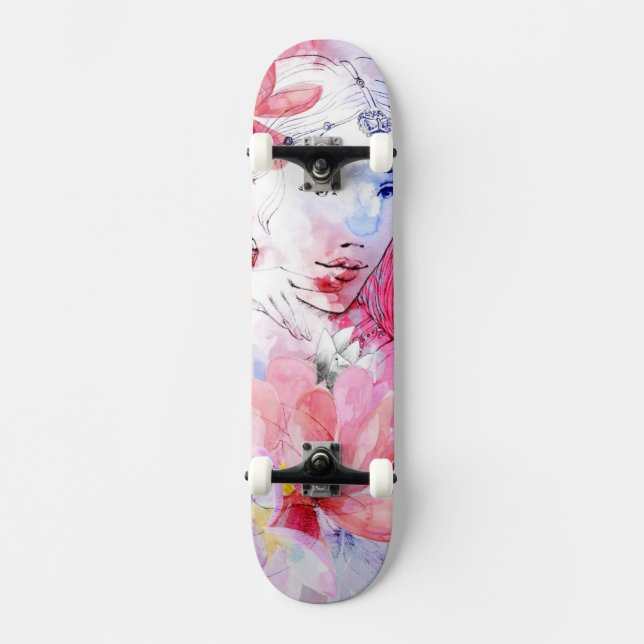 Skateboard Chica hermoso con un ramo de flores (Anverso)